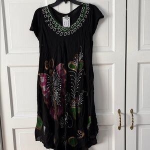 Black Floral Midi Dress with Embroidered Neckline